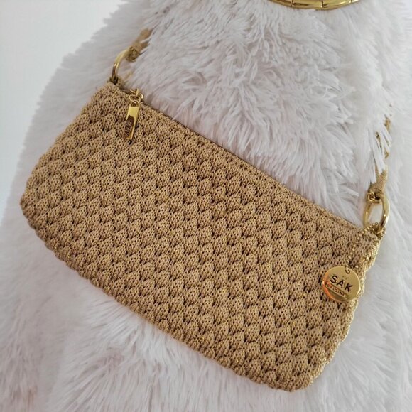 The Sak Original Gold Metallic Woven Crochet Shoulder Bag Chain Strap & Zipper - Picture 3 of 9